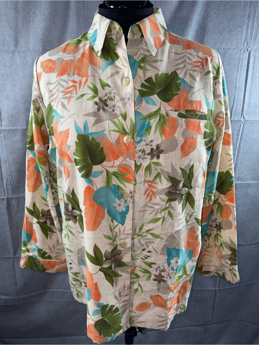 2795-Sag Harbor Cream Button-Down Shirt with Orange, Green & Blue Floral Print